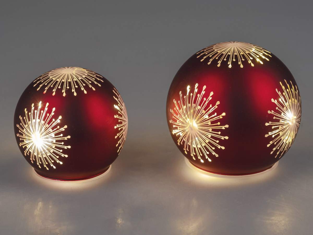 Deko Kugel Rot aus Mattem Farbglas Sterndekor mit LED-Licht und Timer, 12cm