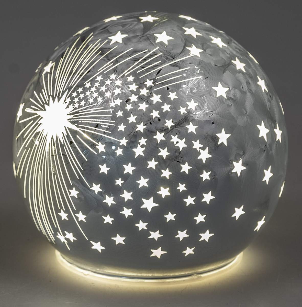 Deko Kugel Frosty Silber aus Farbglas Geeiste Optik mit LED-Licht und Timer, 12cm