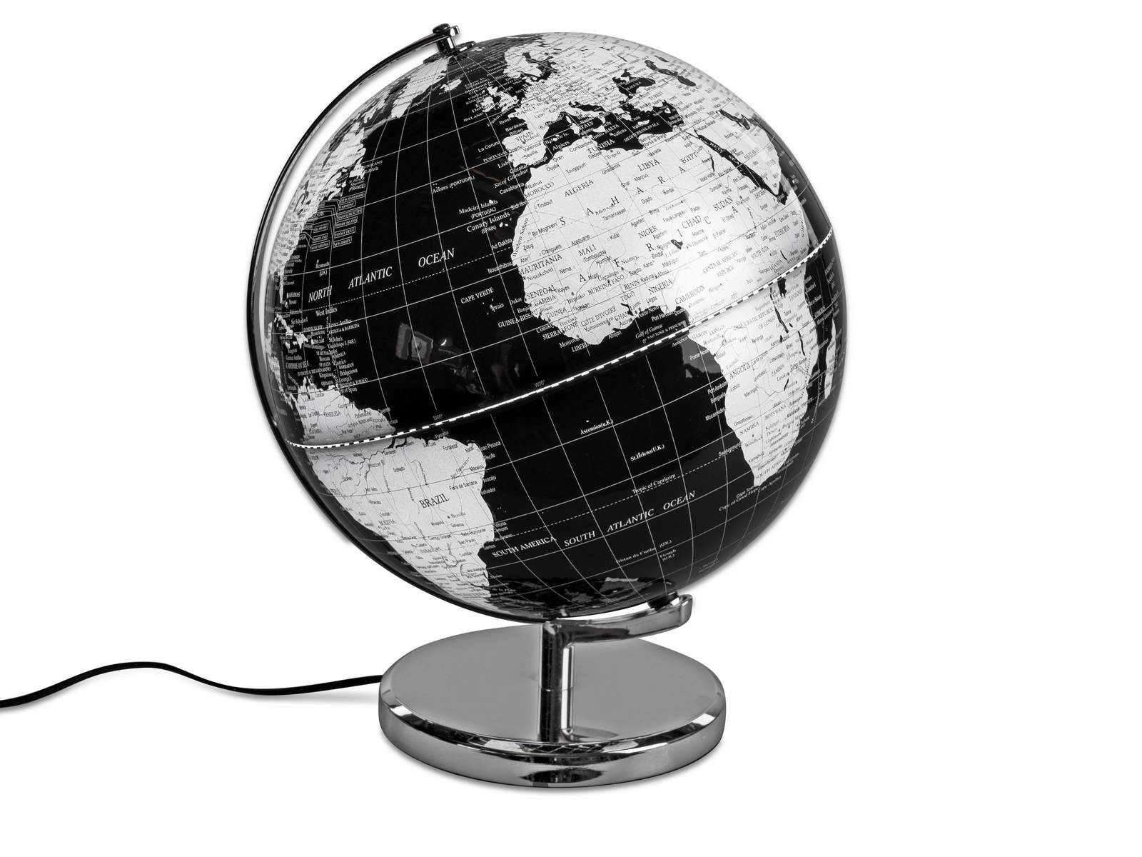 Globus schwarz-silber mit Licht 32cm auf glänzendem Metallfuß