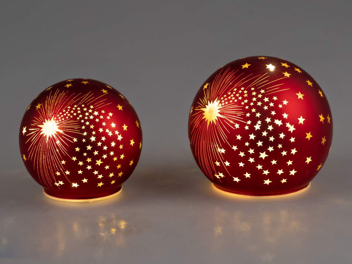 Deko Kugel Rot Gold aus Mattem Farbglas Sterndekor mit LED-Licht und Timer, 10cm